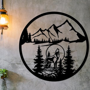 Metal Wolf & Mountain Wall Art, Wolf Art, Wolf Wall Decor, Metal Wolf Sign, Wolf Metal Art, Nature Wall Decor, Wildlife Wolf Artwork