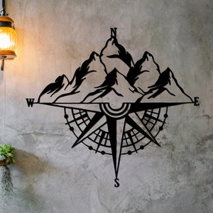 Compass With Mountains And Trees, Best Housewarming Gift, Bedroom Wall Decor, Adventure Art, Metal Art Wall Decor, Steel Wall Art Home Decor