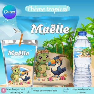 Peut inclure: Un design sur le thème tropical avec une tortue et un toucan de dessin animé ornés de fleurs. Le design est présent sur une poche de jus, un sac et une bouteille d'eau. Le texte "Maëlle" est affiché sur chaque article, ainsi que les mots "Thème tropical" et "Canva".