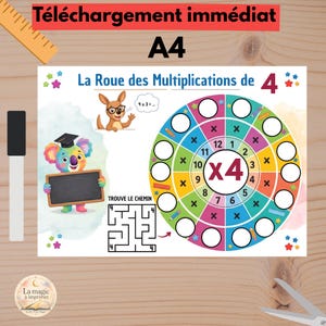 May include: A4-sized educational print with the text "Téléchargement immédiat" and "La Roue des Multiplications de 4". The print features a multiplication wheel, a maze, and cartoon illustrations of a kangaroo and a koala.