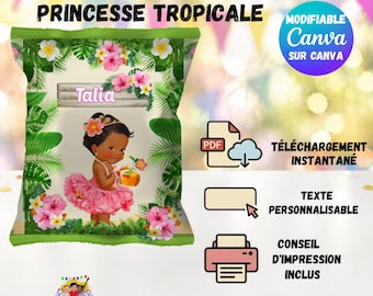 Paquet de chips anniversaire enfant personnalisé Canva/Étiquette chips facile à modifier décoration fête fichier numérique princesse tropica