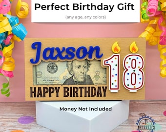 May include: A wooden birthday gift box with the name "Jaxson" in blue, the number "18" with colorful polka dots, and the words "Happy Birthday." The text "Perfect Birthday Gift" is at the top.