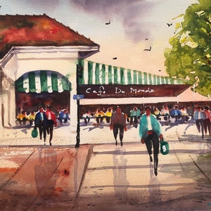 Peinture à l’aquarelle originale de la Nouvelle-Orléans Français Quarter de la Nouvelle-Orléans « Cafe du Monde » nola home deocr