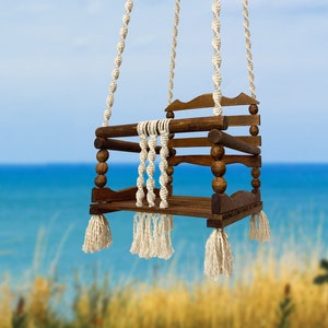 Absolutely unique rustic toddler swing engraved. Macrame wood tree baby swing. Personalized wooden handmade kids swing. 1st birthday gift