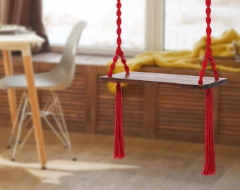 Red bright macrame swing.  Indoor and outdoor summer swing for adults and kids. Accent decor for bohemian style. Unique red wedding decor