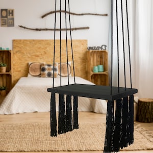Adult and kids simple swing.  Stylish black swing. Unique accent boho decor. Feature - wide, comfortable seat of 12 inches