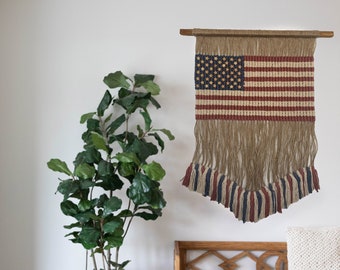 Unique American Flag macrame with 50 wooden stars. Wall or door hanging. Handmade patriotic decor. For 4th of July patriotic gift.