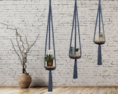 Blue Macrame Hanging Shelf, Solid Oak, Modern Floating Plant Holder, Hanging Planter Indoor, Small Book Shelf, Boho Decor , Plant Lover Gift