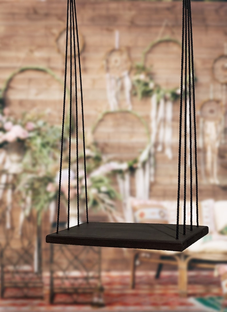 Adult and kids simple black swing. Unique accent boho decor. Wedding black decor. Feature wide, comfortable seat of 12 inches image 1