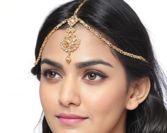 Embellished Bollywood Antique Indian Kundan Wedding Headgear Golden Matha Patti Mang Tika Prom Head Piece for Women & Girls