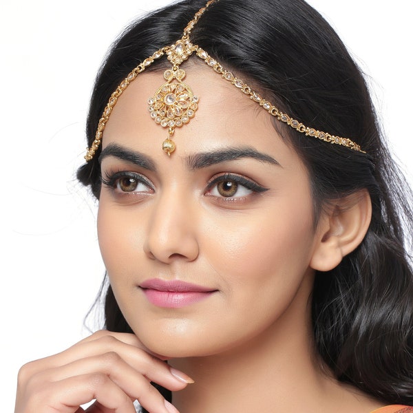 Embellished Bollywood Antique Indian Kundan Wedding Headgear Golden Matha Patti Mang Tika Prom Head Piece for Women & Girls