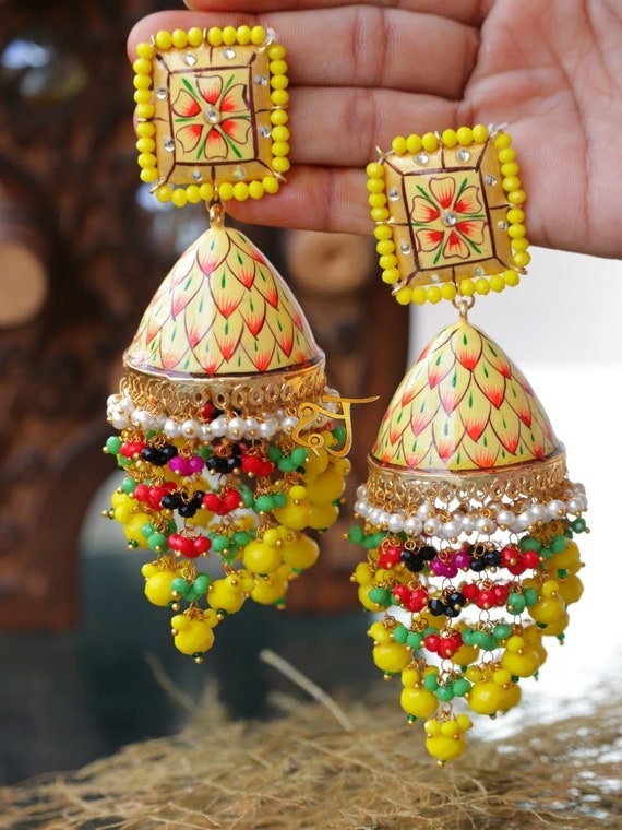 Kundan Meenakari Jaipuri Enamel Hand painted Earrings Bollywood