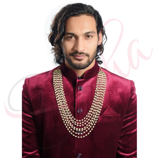 Bollywood Indian Long Pearl Jewelry Necklace Pearl Bead  Fashion Necklace Dulha Kantha Men Groom For Wedding Wear( Dule Ki Mala )