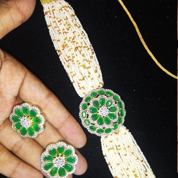Indian Kundan Handmade Pearl Choker/ Indian Jewelry/ Indian Necklace/ Indian Choker/ Indian Wedding Necklace Set/ Kundan Choker Earring Set