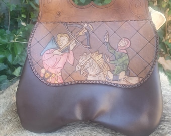 Bolsa medieval de cuero con doble bolsillo y grabado de iluminación para la caza con ballesta, Codex Manesse, pieza única, hecha a mano.