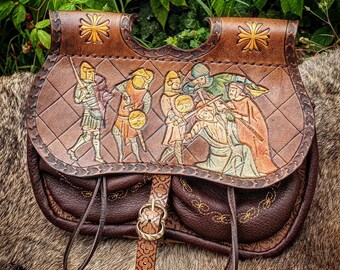 Medieval "cul de villain" type purses with illumination of knights and clergy confronting each other, handmade, unique piece