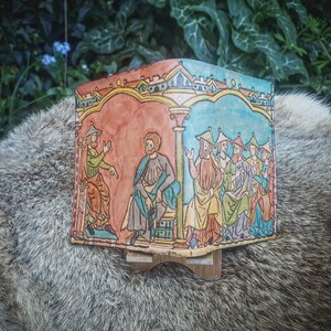 Ledergeldbörse mit mittelalterlicher Illumination aus dem 13. Jahrhundert aus der Maciejovski-Bibel, David und Salomon, handgefertigt, Einzelstück