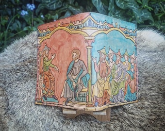 Leather wallet engraved with medieval 13th century illumination from the Maciejovski Bible, David and Solomon, handmade, unique piece