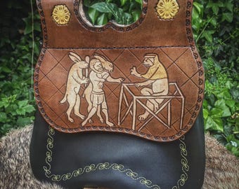 Medieval double pocket leather purse with engraved killer rabbit court scene, unique piece, handmade
