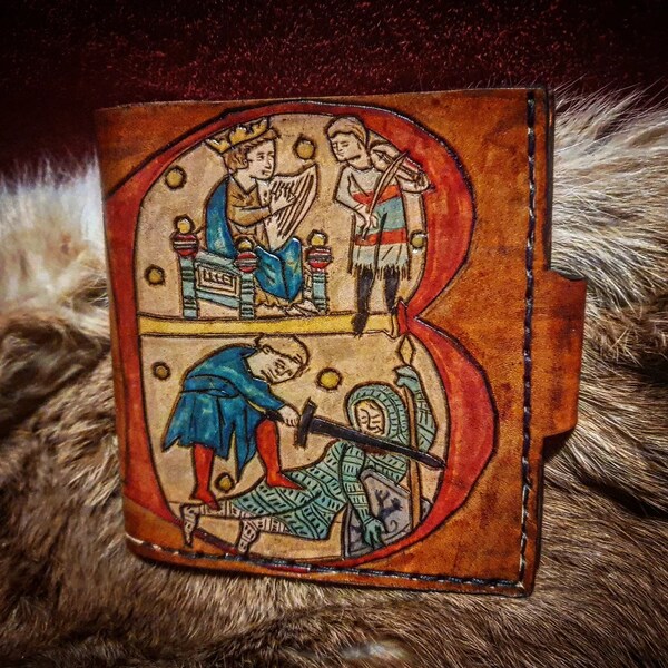 Grand portefeuille en cuir gravé avec enluminure médiéval de la fin du 13ème siècle ,fais main, pièce unique