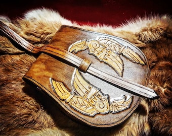 Viking leather bag, Birka type, with raven engraving, unique piece, handmade