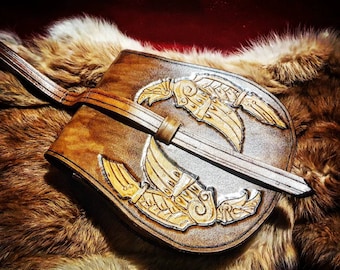 Sacoche viking en cuir type Birka avec gravure de corbeaux, pièce unique, fait main