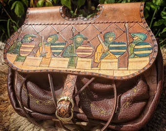 Medieval "villain's ass" type purses with illumination of soldiers at the top of the wall, handmade, unique piece