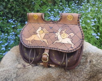 Medieval "villain's ass" type purses with grotesque illumination of jousting animals, unique piece, handmade
