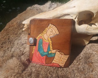 Leather wallet with engraved illumination from the Codex Manesse, a couple, handmade, unique piece