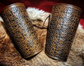 Pair of Medieval Leather Armor Bracers Engraved Paladin Style for Costume and Roleplay, Handmade