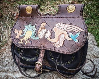 Medieval "villain's bottom" type purse with illuminated pair of creatures from engraved marginalia, unique piece, handmade