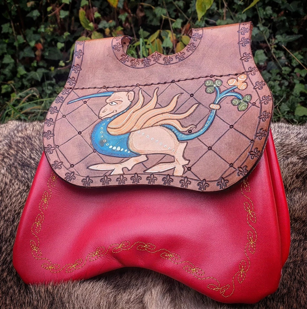 Medieval Double Pocket Purse in Red Leather Type 15th Century With