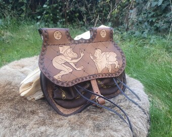 Medieval-style "villain's bottom" purse with illuminated depictions of farting priests, unique piece, handmade