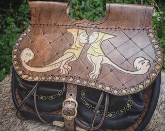 Medieval purses "villain's ass" with illumination of a grotesque marginalia creature, unique piece, handmade