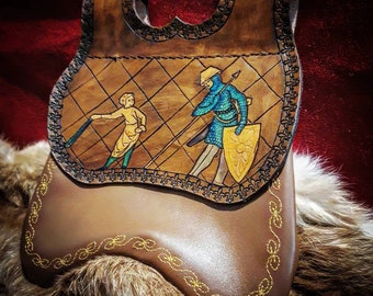 Medieval escarcelle in engraved leather with reproduction of illumination illumination representing David facing Goliath, handmade, unique piece