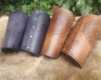 Handmade, adjustable size, black or brown gothic style engraved leather forearm armor