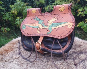 Medieval-style "villain's bottom" purse with engraved killer rabbit illumination, unique piece, handmade