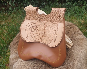 Monedero medieval de piel con doble bolsillo tipo S. XV con boceto de Pisanello grabado, pieza única, hecho a mano