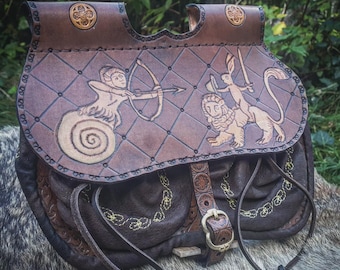 Medieval-style "villain's bottom" purse with engraved illumination of rabbits riding lions, unique piece, handmade