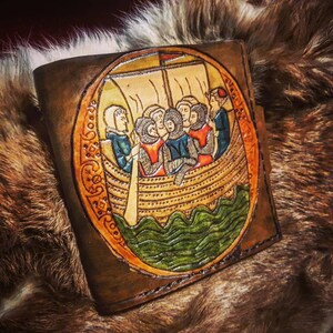 Cartera grande de piel grabada con iluminación medieval de finales del siglo XIII, hecha a mano, pieza única.