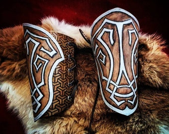 Medieval fantasy style leather vambrace / forearm cannon. Fantasy leather armor for LARP and cosplay. Handmade.