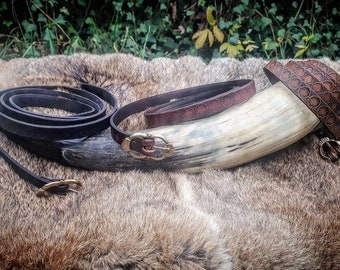 Thin medieval leather belt engraved with gothic pattern, 1.30m long and 1.5cm wide