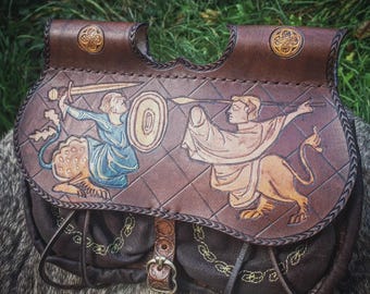 Medieval "villain's bottom" type purse with illuminated grotesque creature duel scene and engraved marginalia, unique piece, handmade