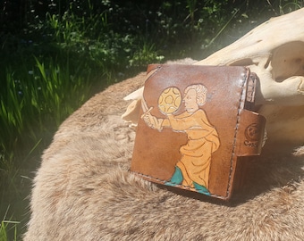 Handmade leather wallet with sword fight illumination and engraved buckle, unique piece
