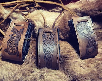 Viking engraved leather purse with embroidery, handmade, customizable