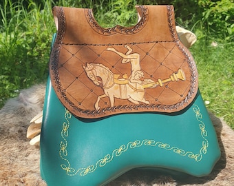 Medieval double-pocket leather purse, 15th-century style, with illuminated depiction of a horse with a trumpet and an acrobat, unique piece, made in May
