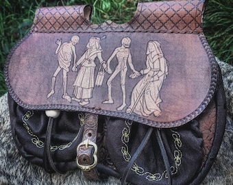 Medieval-style "villain's bottom" purse with a Dance of Death illumination, unique piece, handmade