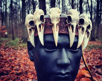 Shamanic type raven skull crown in leather and skull printed in 3d and hand painted, handmade