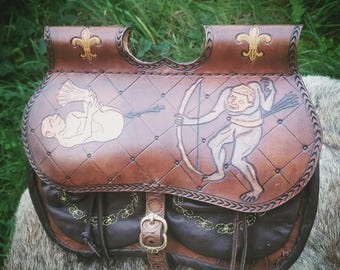Medieval "villain's ass" type purse with illumination of a demon archer shooting at a creature's back, handmade, unique piece
