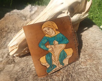 Handmade leather wallet with engraved illustration of a Pasltérion player, unique piece